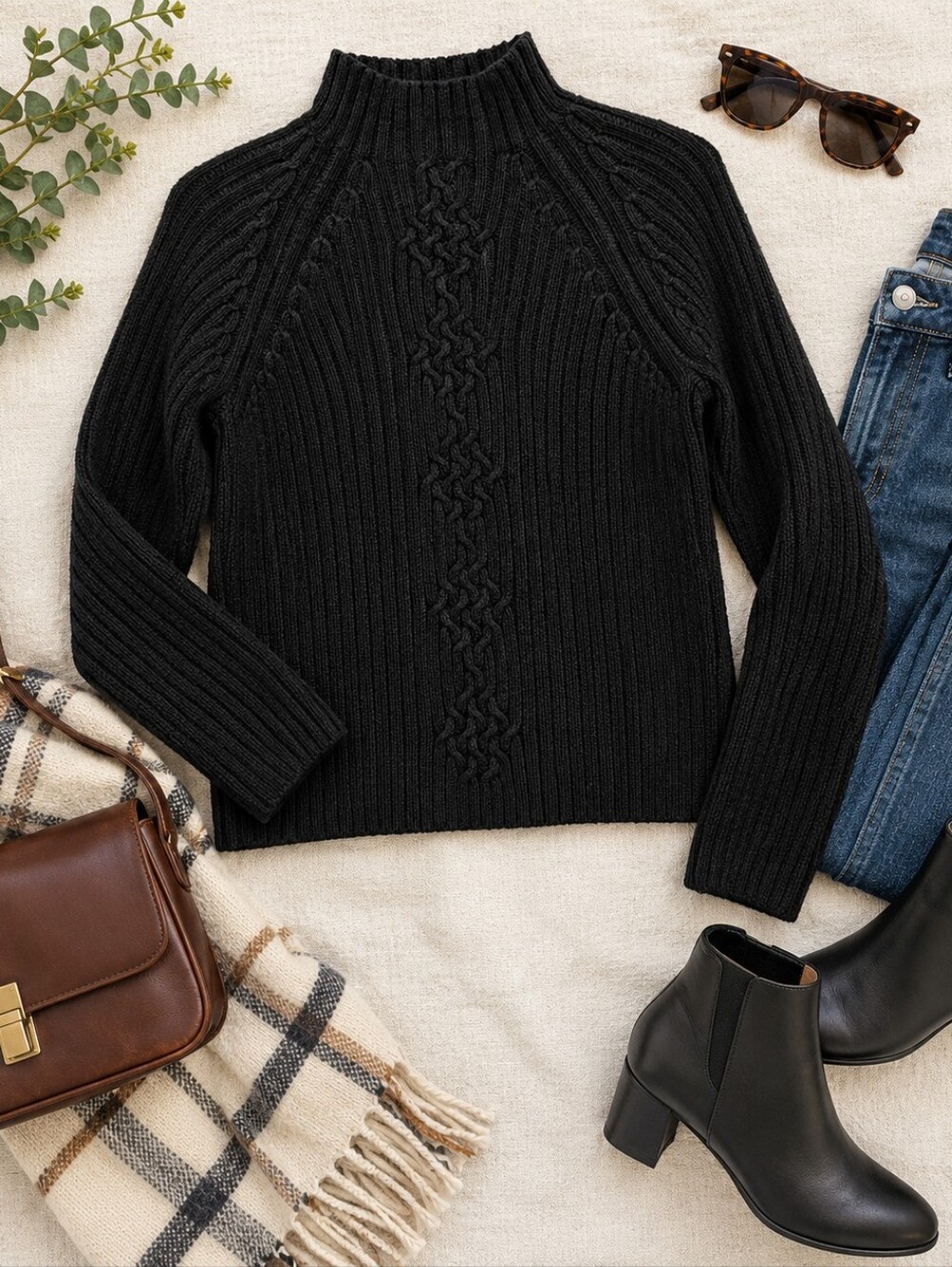 Tabi Vintage Black 100% Cotton Cable Knit Mock Neck Sweater